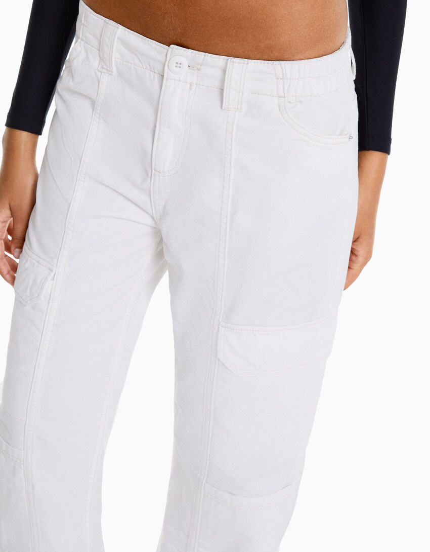 Low-waist cotton cargo pants with contrast thread-Off white-3