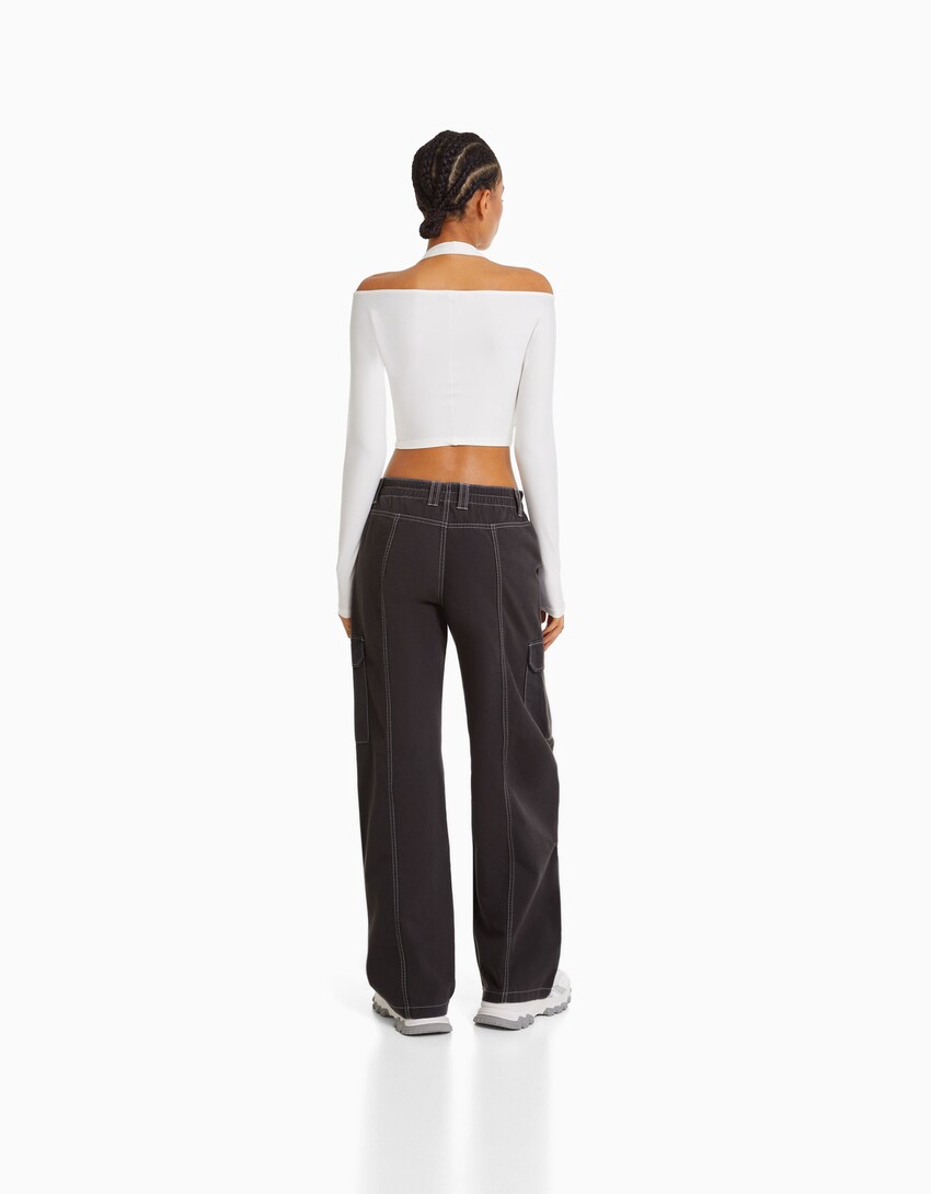 Low-waist cotton cargo pants with contrast thread-Dark grey-2