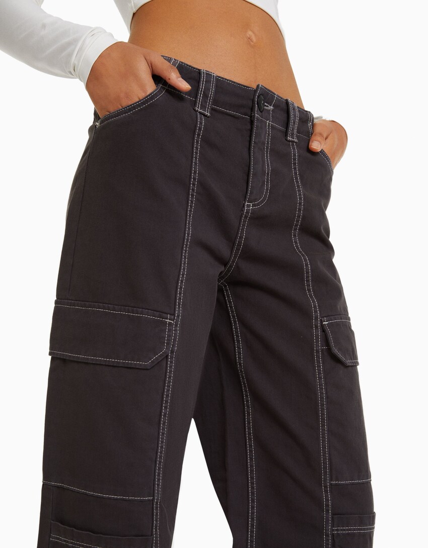 Low-waist cotton cargo pants with contrast thread-Dark grey-3