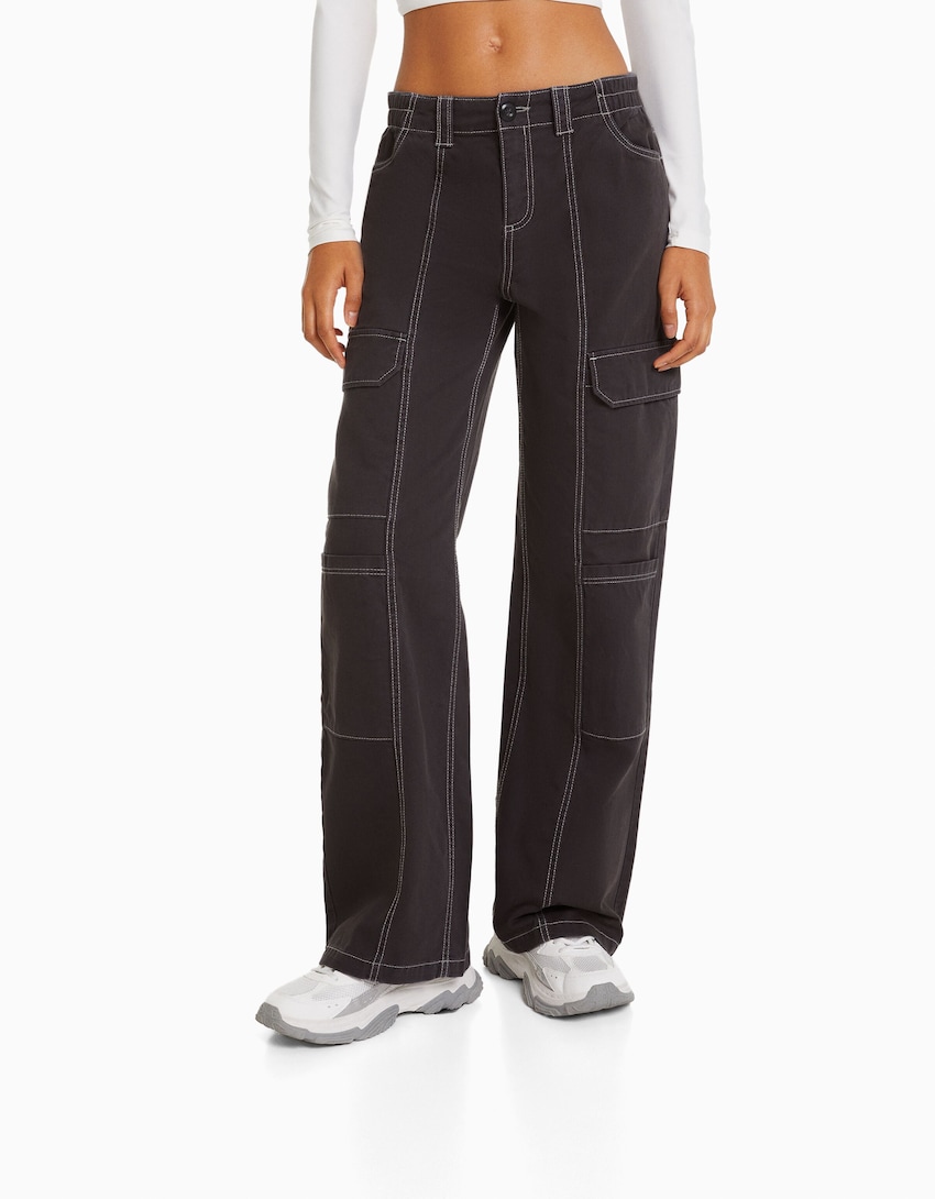 Low-waist cotton cargo pants with contrast thread-Dark grey-1