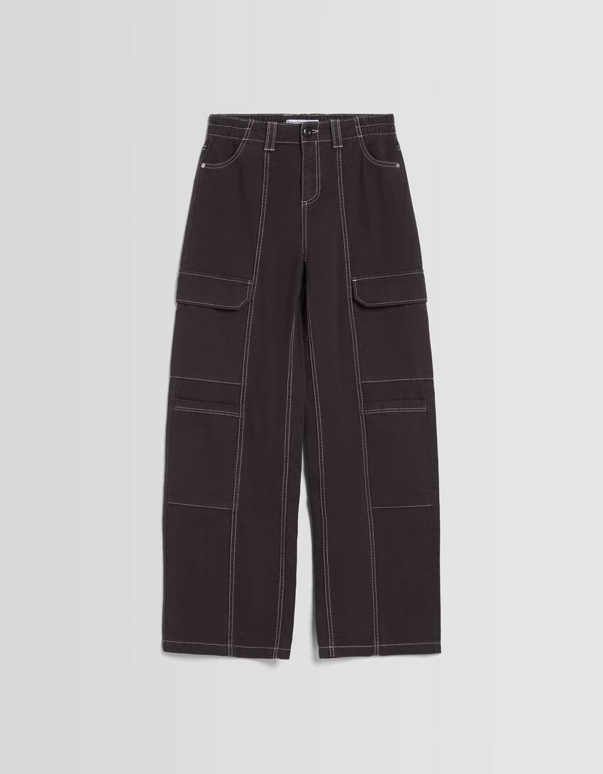 Low-waist cotton cargo trousers with contrast thread-Dark grey-4