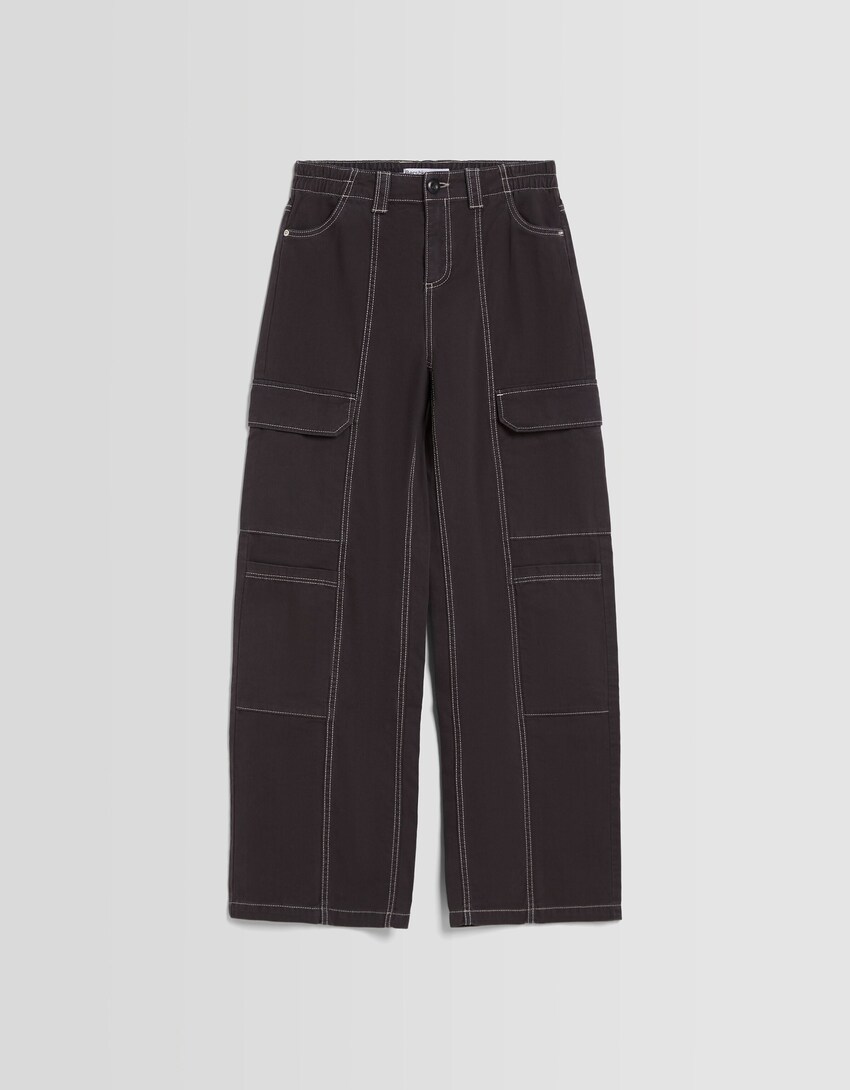 Low-waist cotton cargo pants with contrast thread-Dark grey-4