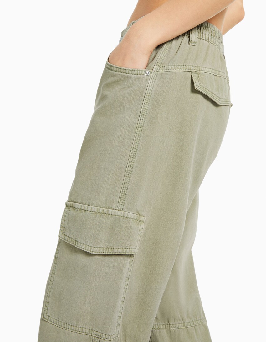 Pantalón jogger algodón cintura frunce bolsillos-Verde-3