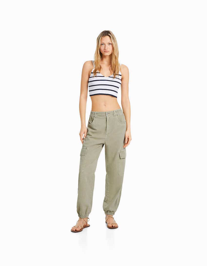 Cotton joggers with a gathered waist and pockets-Green-0