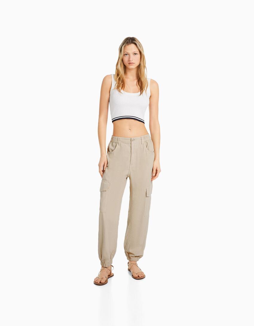 Cotton joggers with a gathered waist and pockets-Sand-0