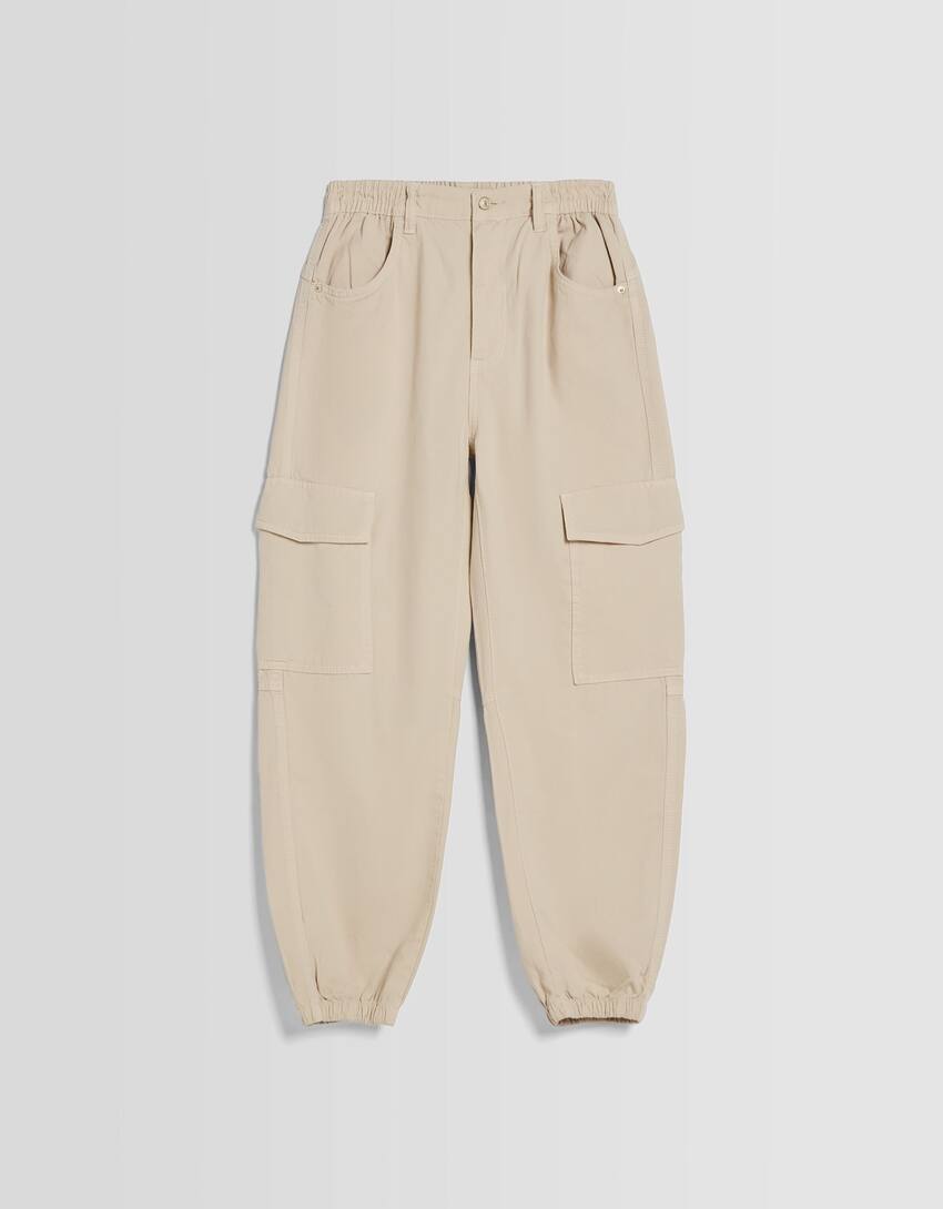 Cotton joggers with a gathered waist and pockets-Sand-4