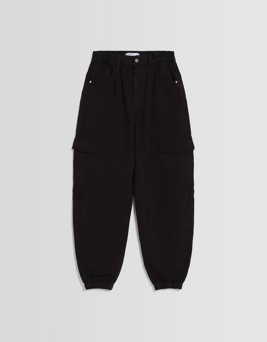 Cotton joggers with a gathered waist and pockets-Black-4
