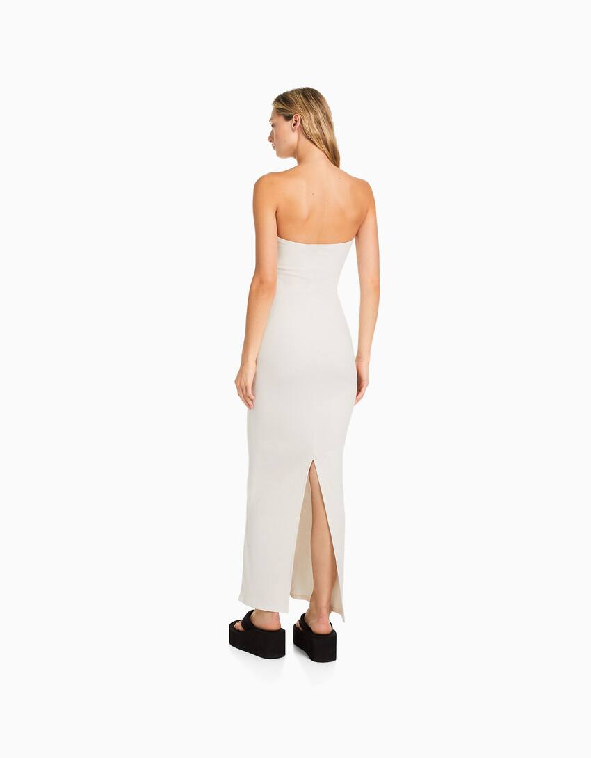 Long bandeau rib dress-Off white-2