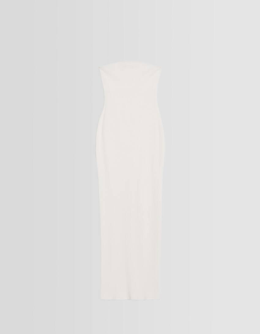 Long bandeau rib dress-Off white-4