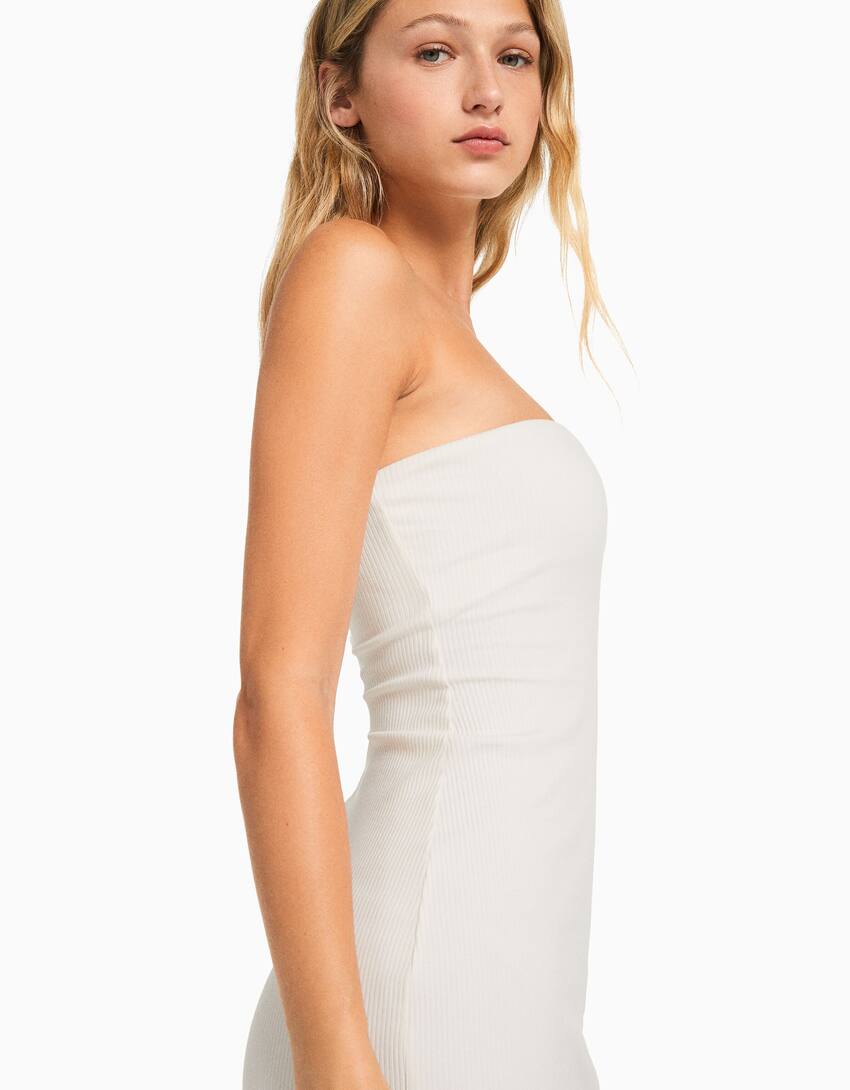Long bandeau rib dress-Off white-3