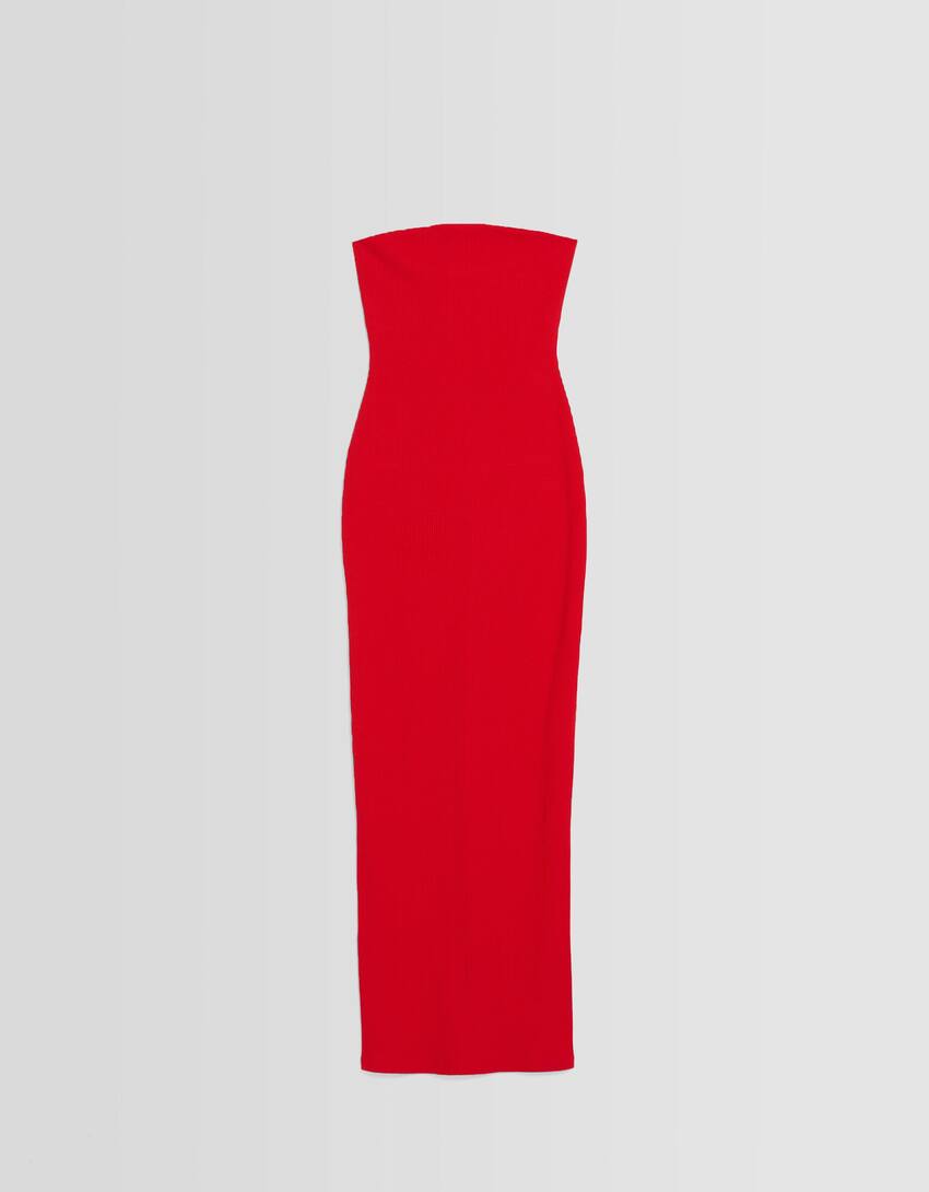 Long bandeau rib dress-Red-4