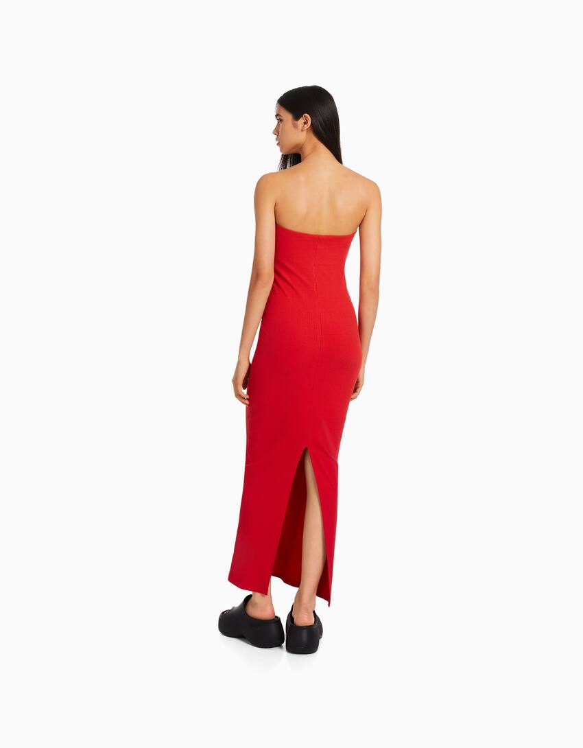 Long bandeau rib dress-Red-2