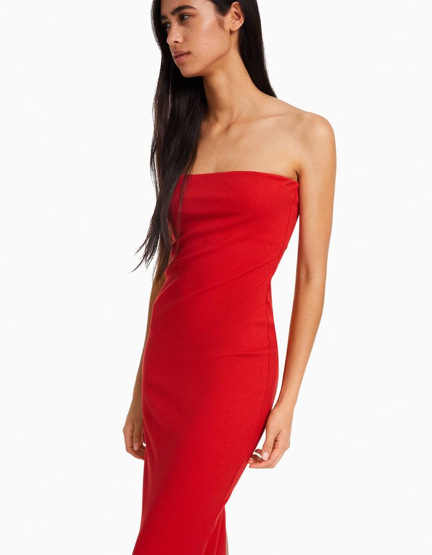 Long bandeau rib dress-Red-3