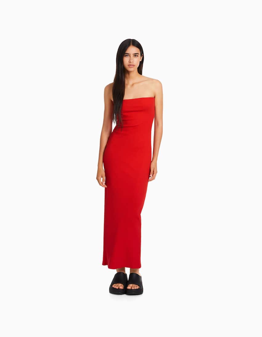 Long bandeau rib dress-Red-0