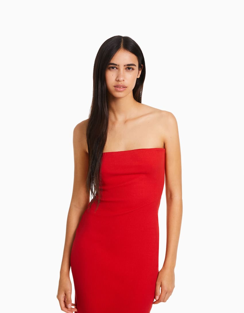 Long bandeau rib dress-Red-1
