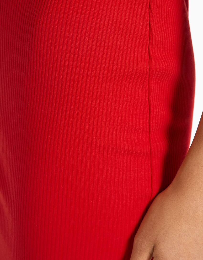 Long bandeau rib dress-Red-6