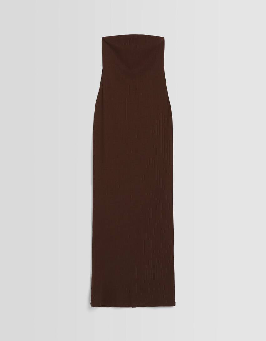 Long bandeau rib dress-Brown-4