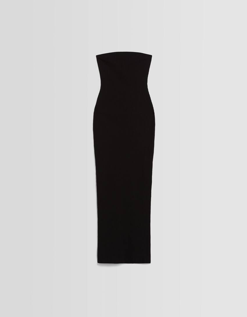 Long bandeau rib dress-Black-4