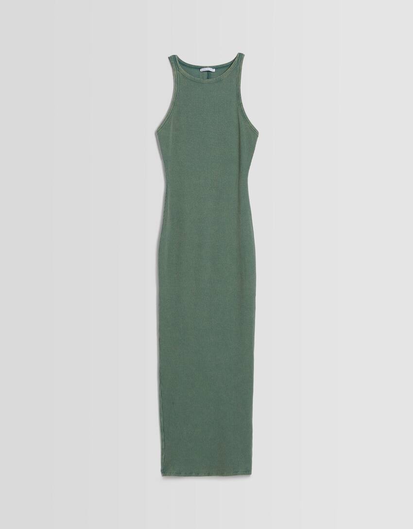 Ribbed sleeveless midi dress-Green-4