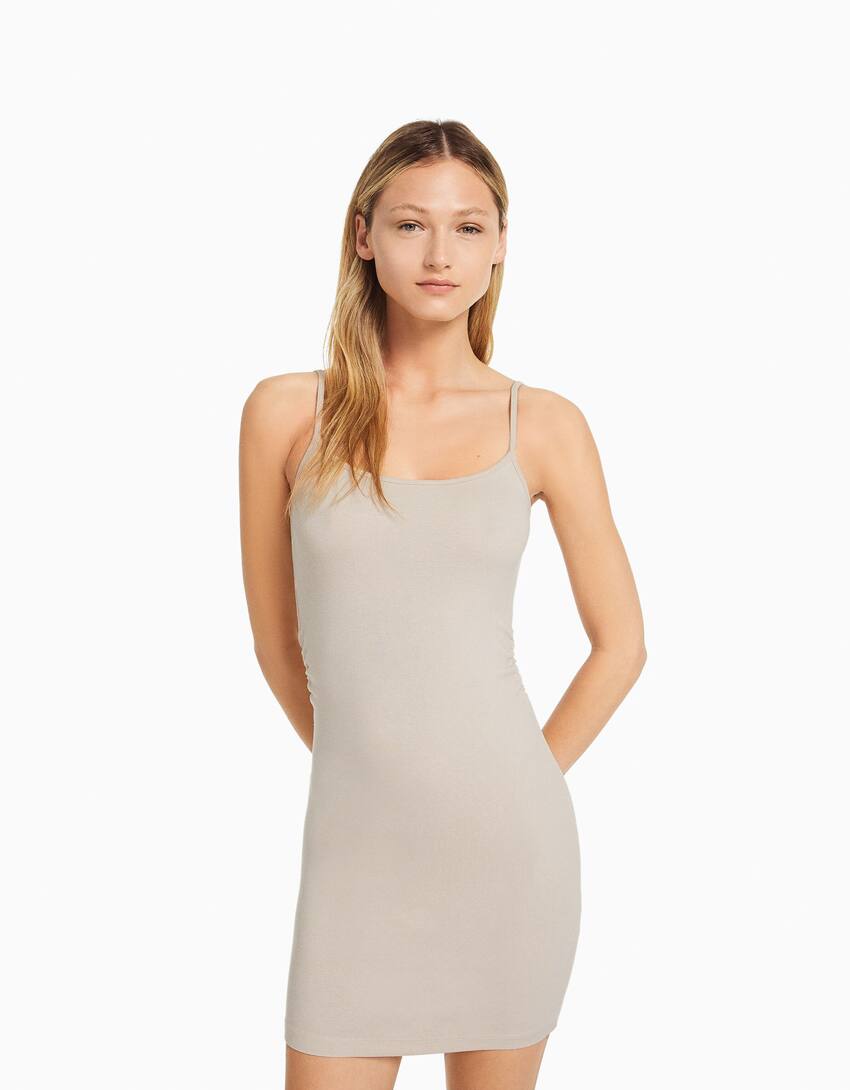 Strappy mini dress with gathered side-Sand-1