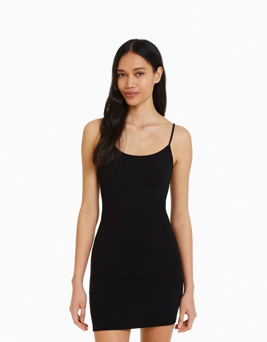 Strappy mini dress with gathered side-Black-1