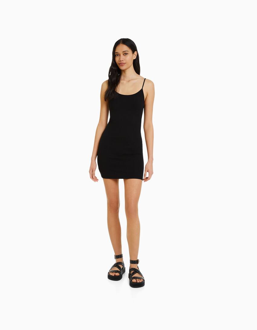 Strappy mini dress with gathered side-Black-0
