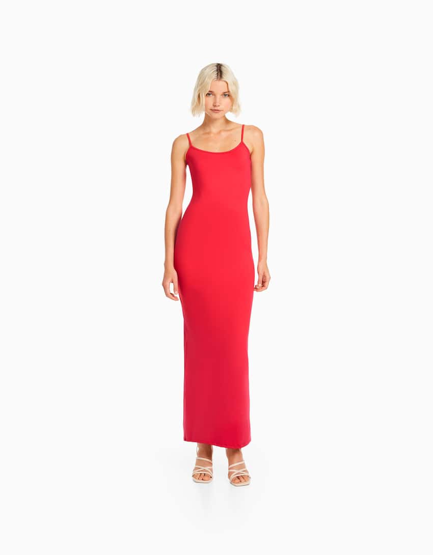 Fitted long strappy dress-Red-0