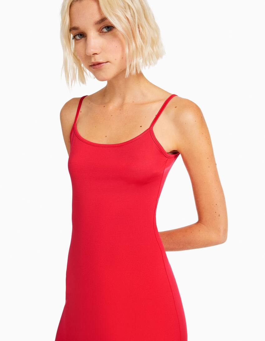 Fitted long strappy dress-Red-3