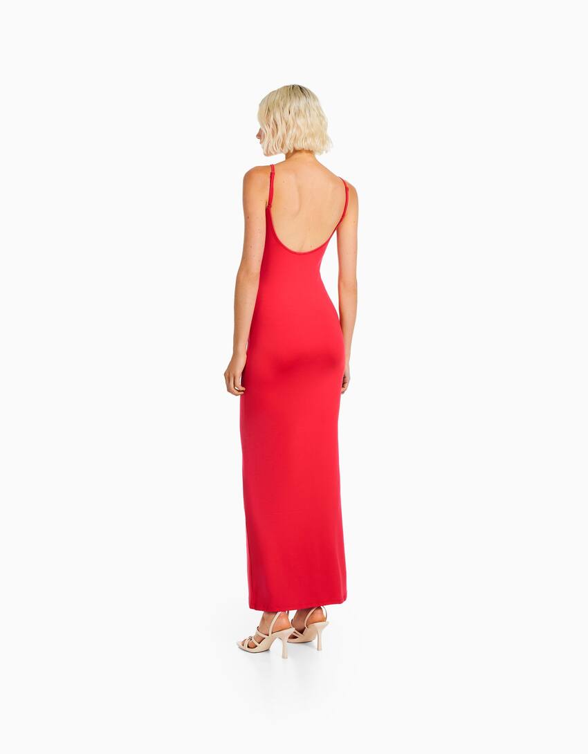 Fitted long strappy dress-Red-2
