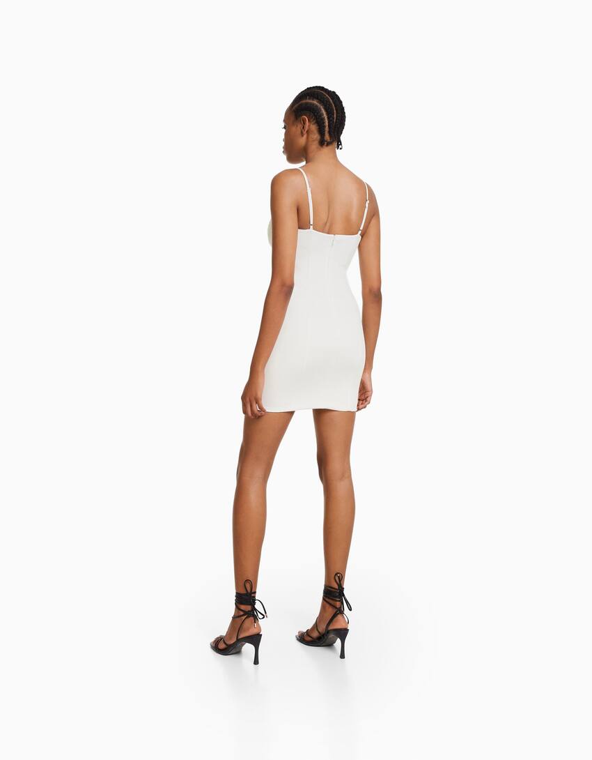 Fitted strappy mini dress with gathers and rhinestones-White-2