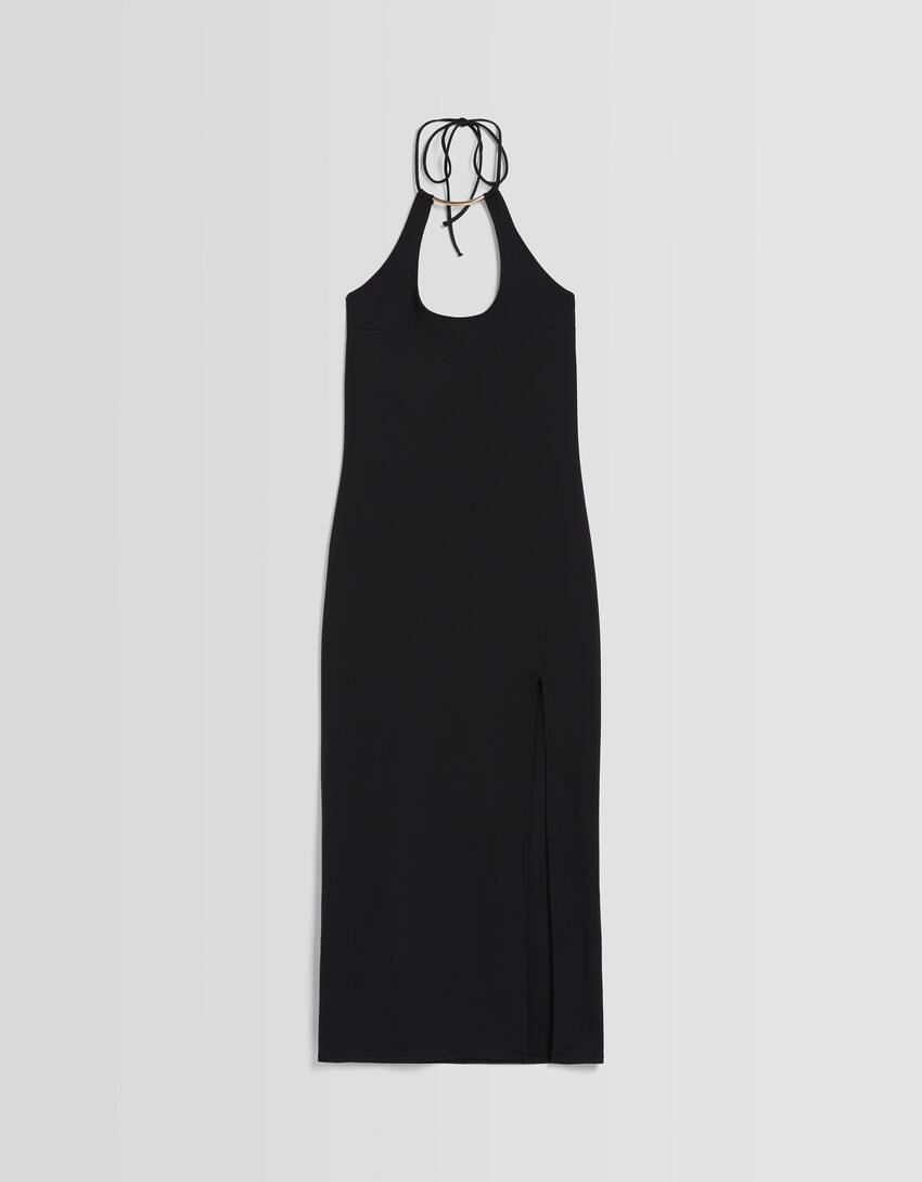 Fitted midi dress with collar detail-Black-4