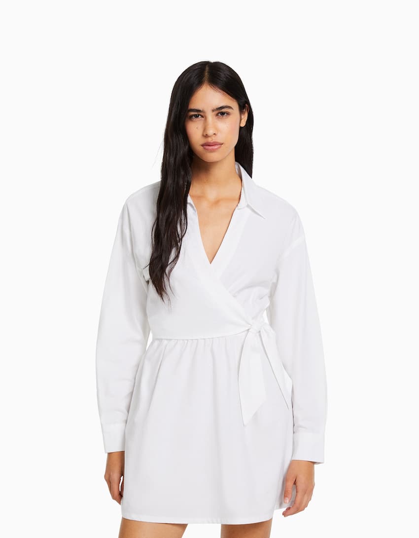 Mini long sleeve shirt dress with crossover detail-White-0
