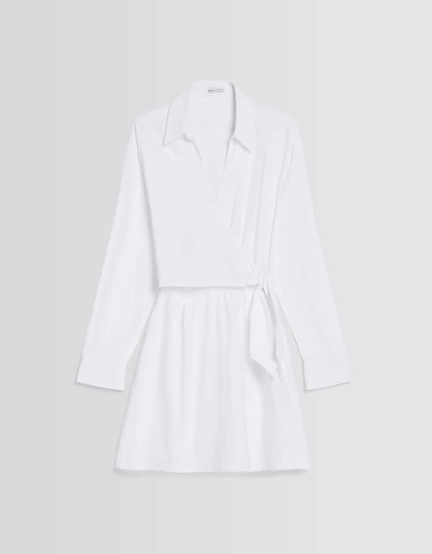 Mini long sleeve shirt dress with crossover detail-White-4