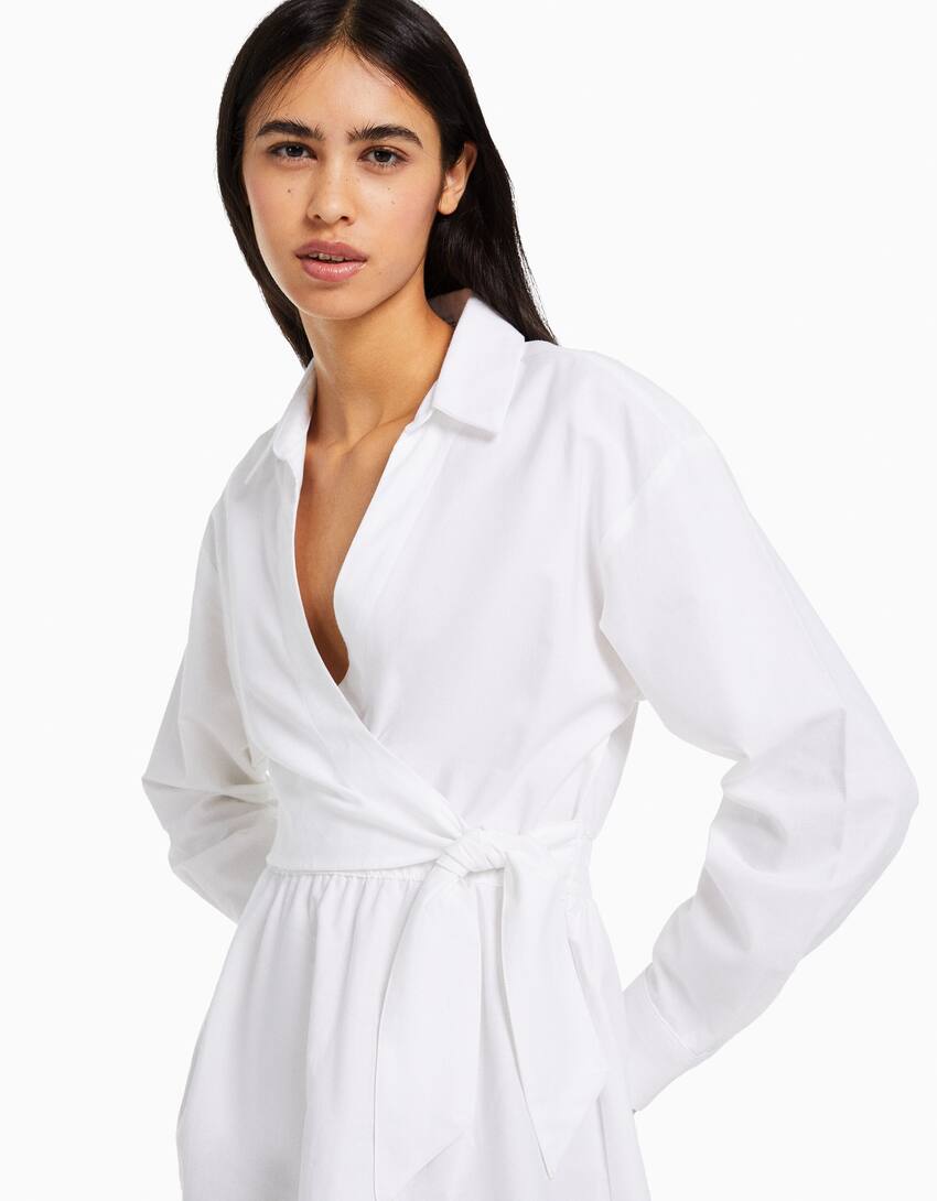 Mini long sleeve shirt dress with crossover detail-White-2