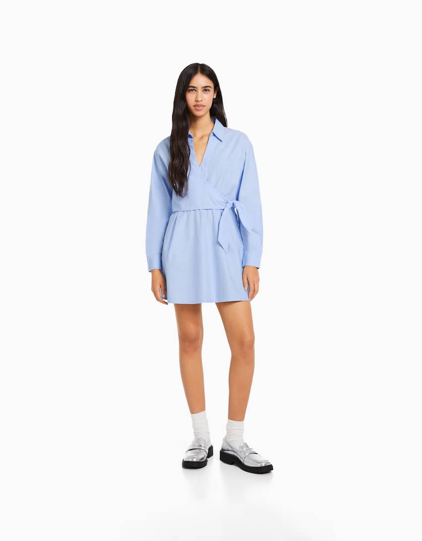 Mini long sleeve shirt dress with crossover detail-Light blue-3