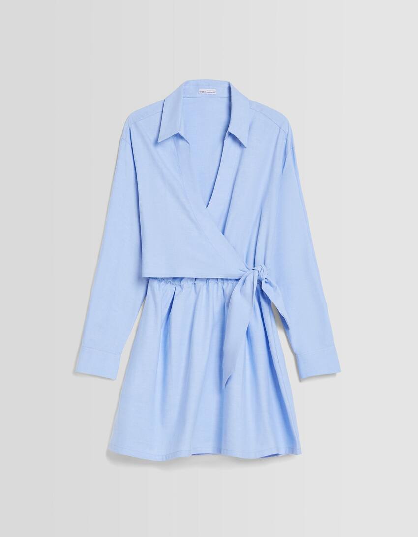 Mini long sleeve shirt dress with crossover detail-Light blue-4