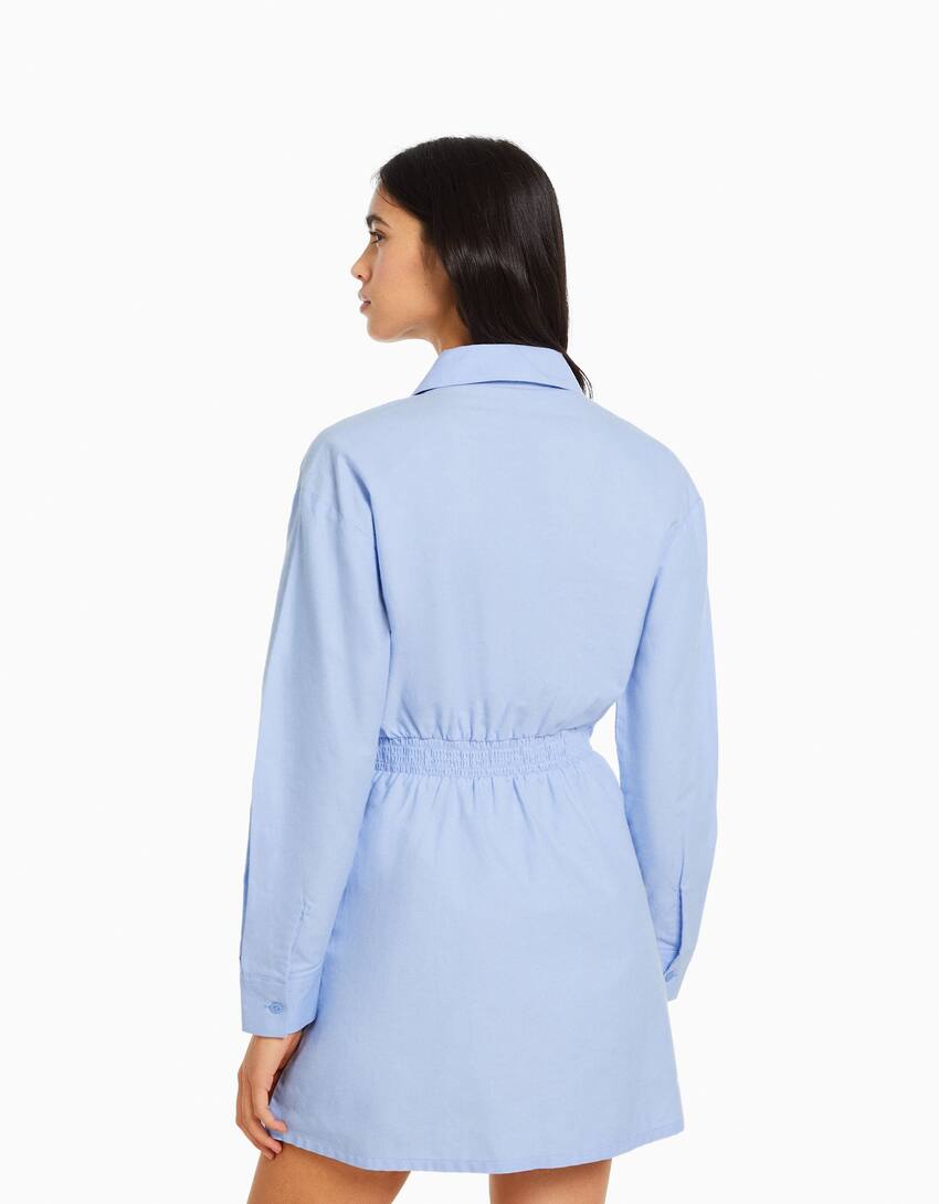 Mini long sleeve shirt dress with crossover detail-Light blue-1