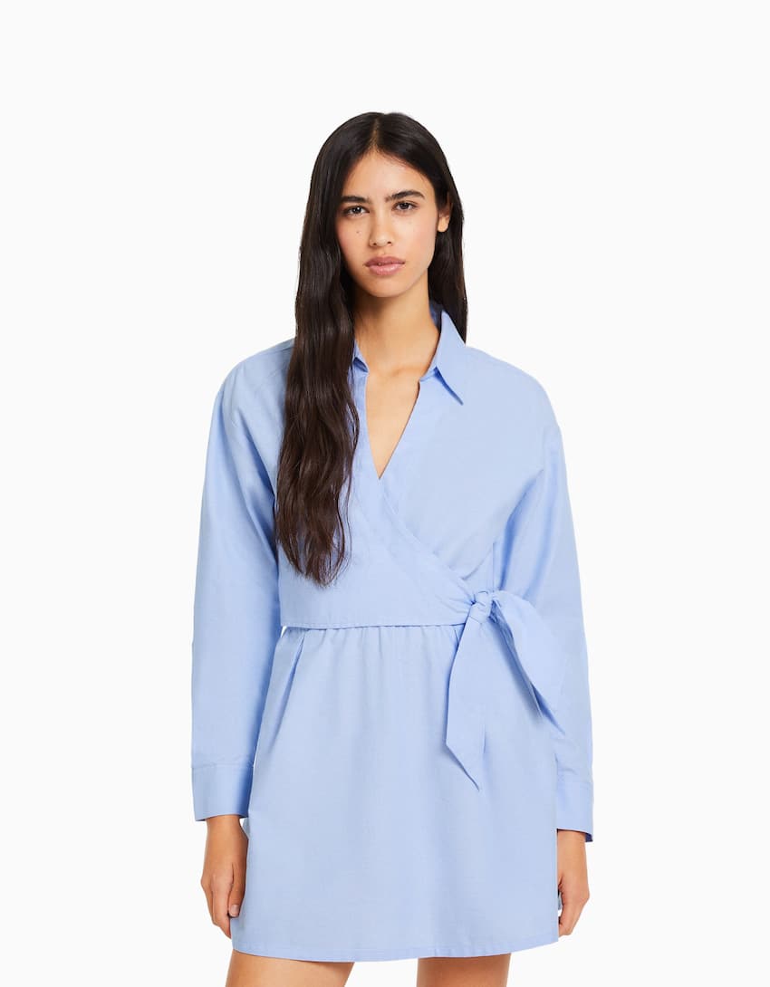 Mini long sleeve shirt dress with crossover detail-Light blue-0