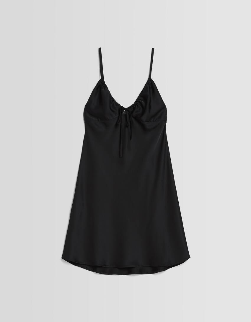 Strappy Flowing Satin Mini Dress With Gathering Bsk Teen Bershka 