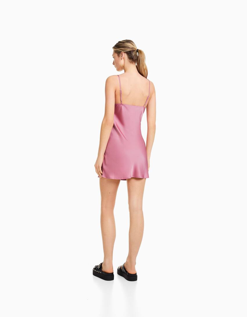 Strappy flowing satin mini dress with gathering-Pink-1