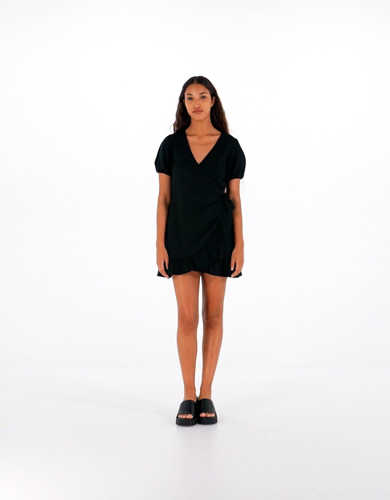 Short sleeve linen mini dress with ruffles Women Bershka
