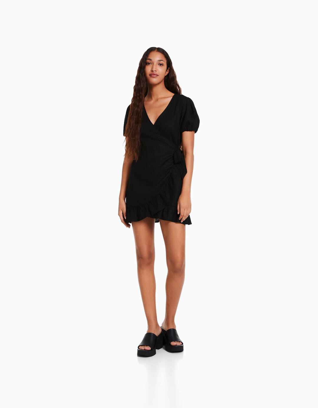 Short sleeve linen mini dress with ruffles