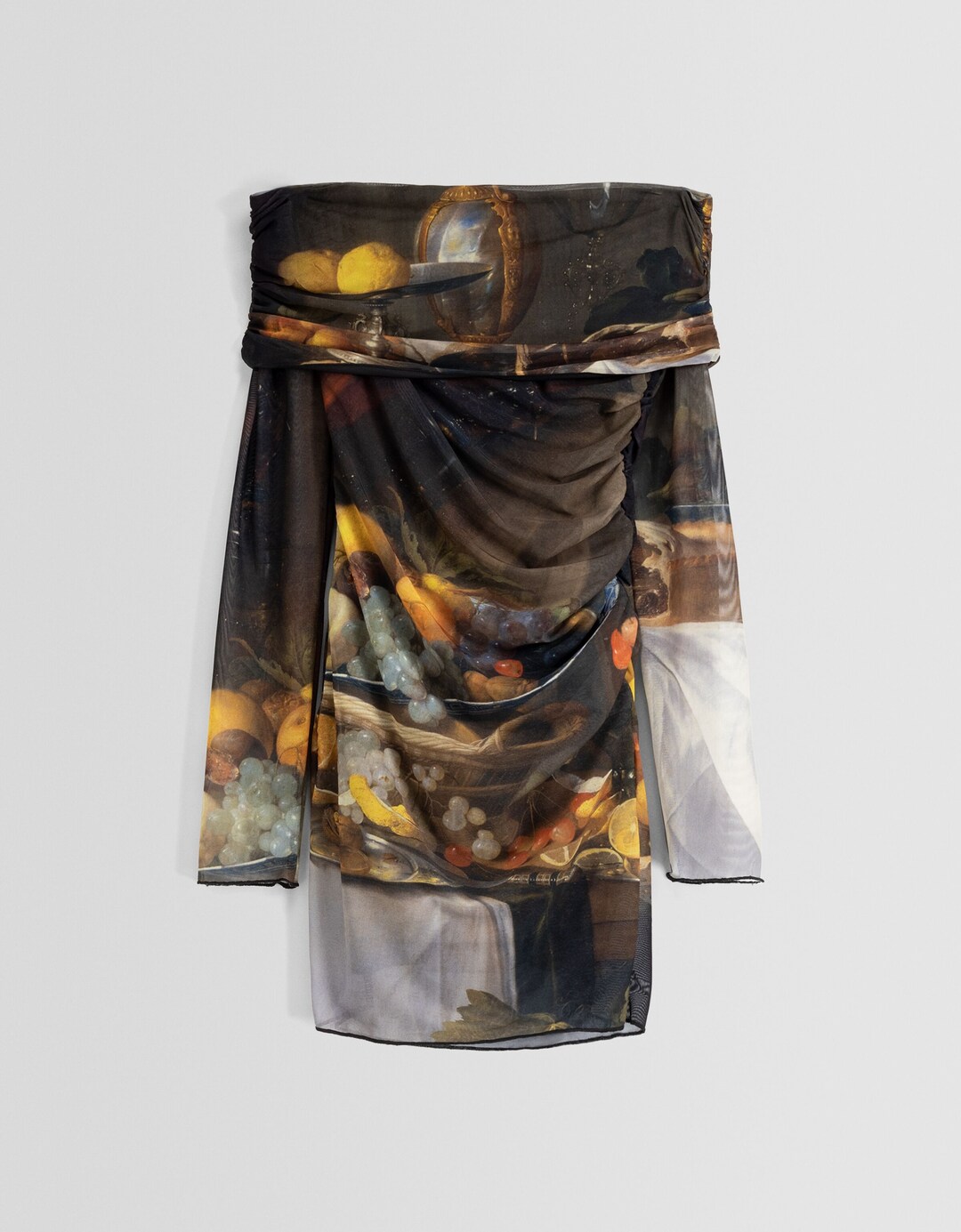 Mini haljina dugih rukava s lađa izrezom i printom Jan Davidszoon Heem