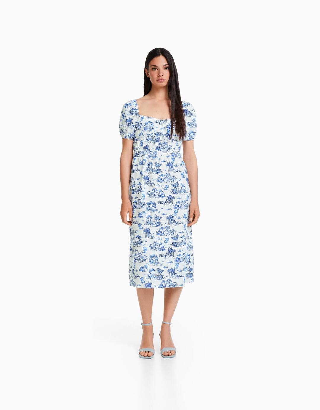 Short sleeve poplin midi dress with print