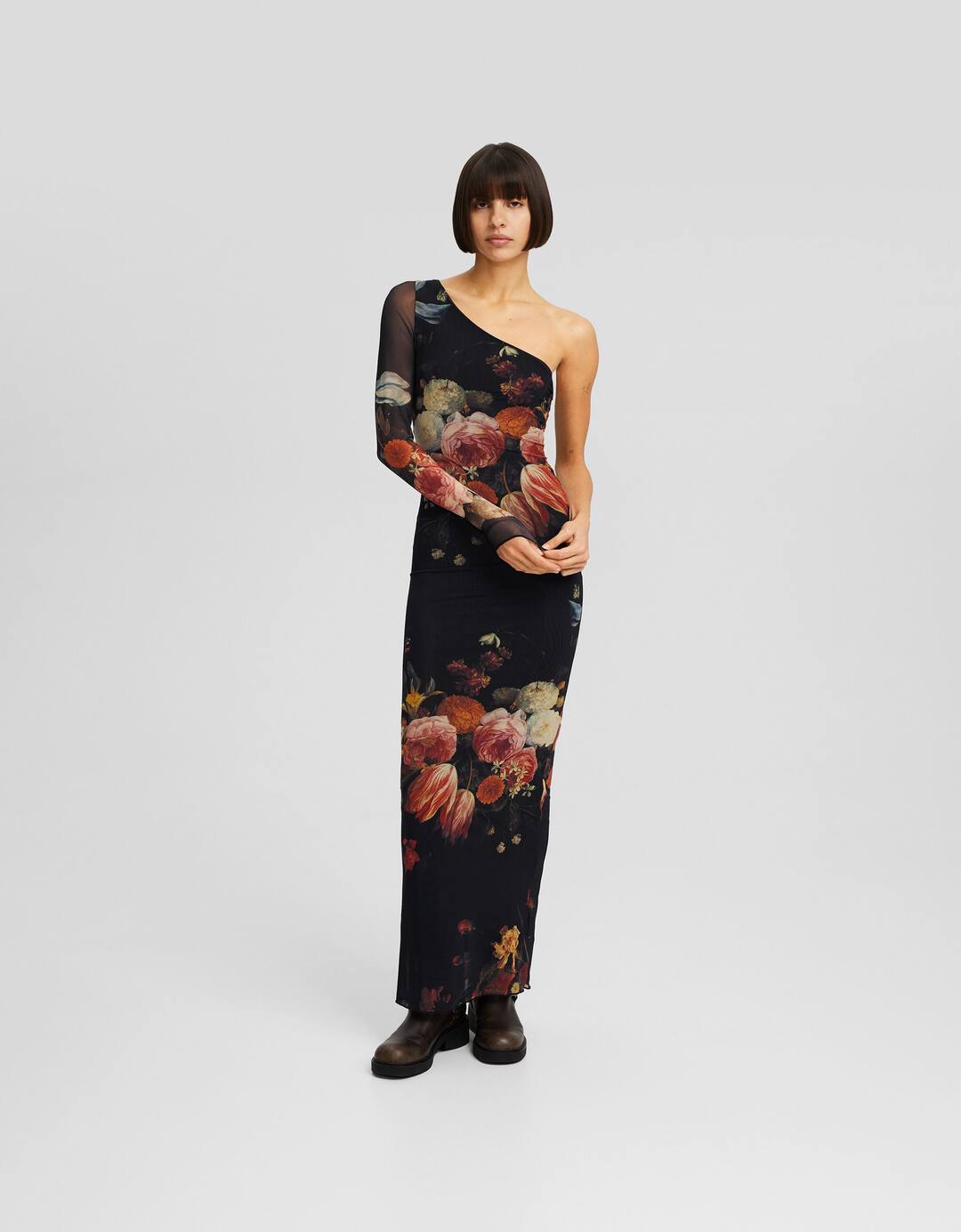 Long asymmetric tulle dress with Jan van Kessel print and long sleeves