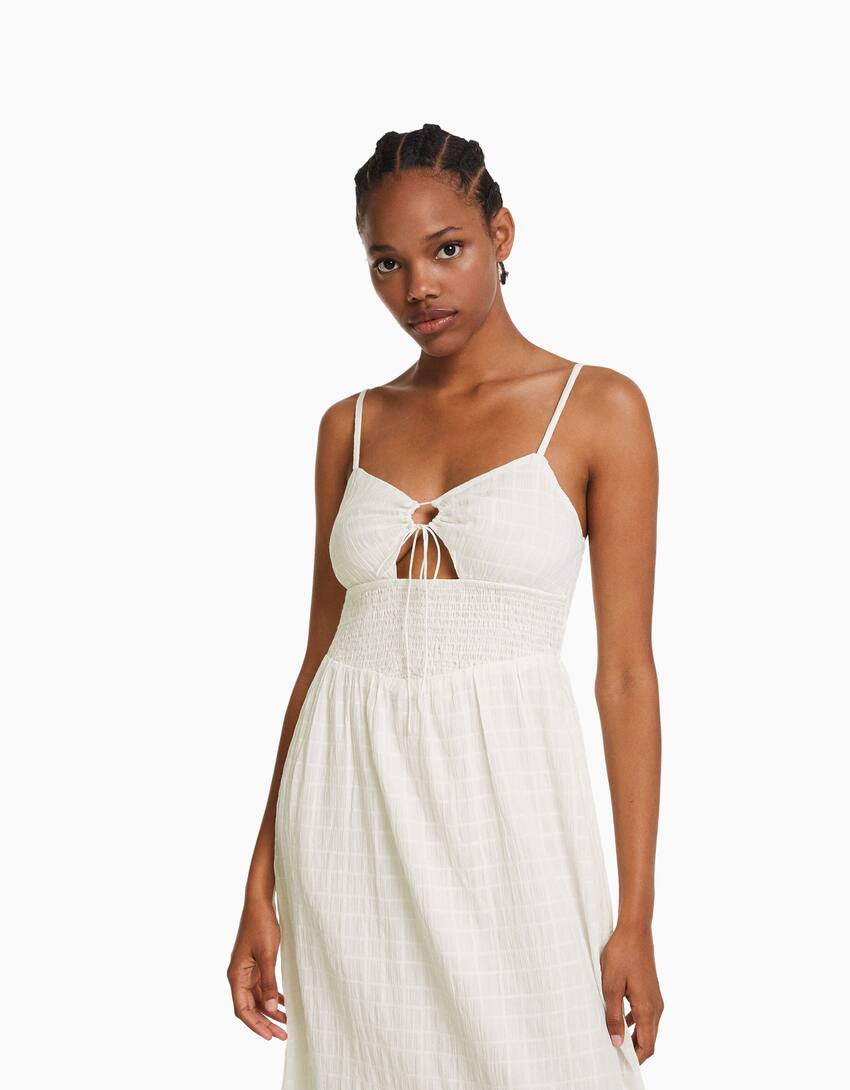 Strappy midi dress with cut-out and ruffles-White-1