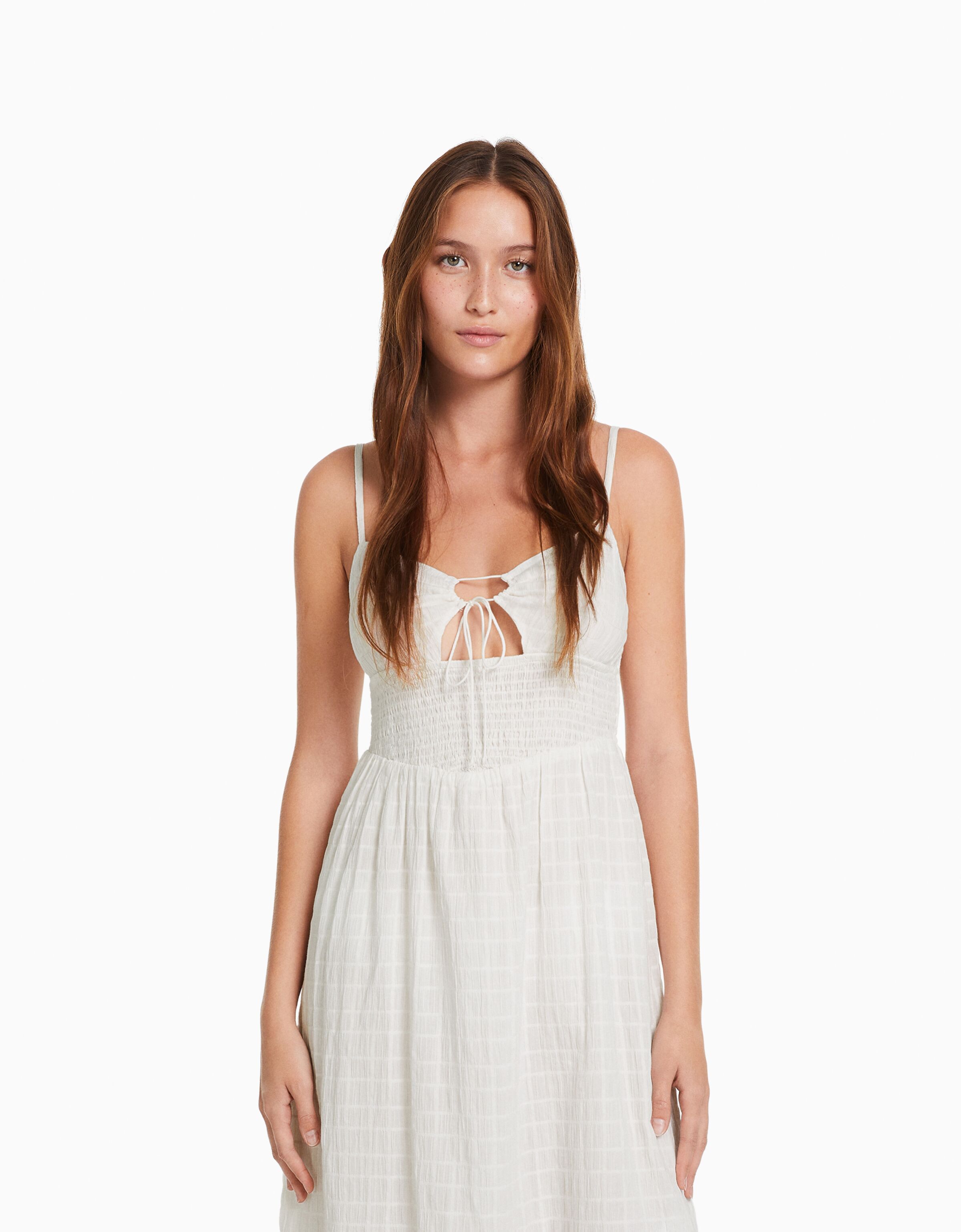 Strappy midi dress with cut out and ruffles Women Bershka
