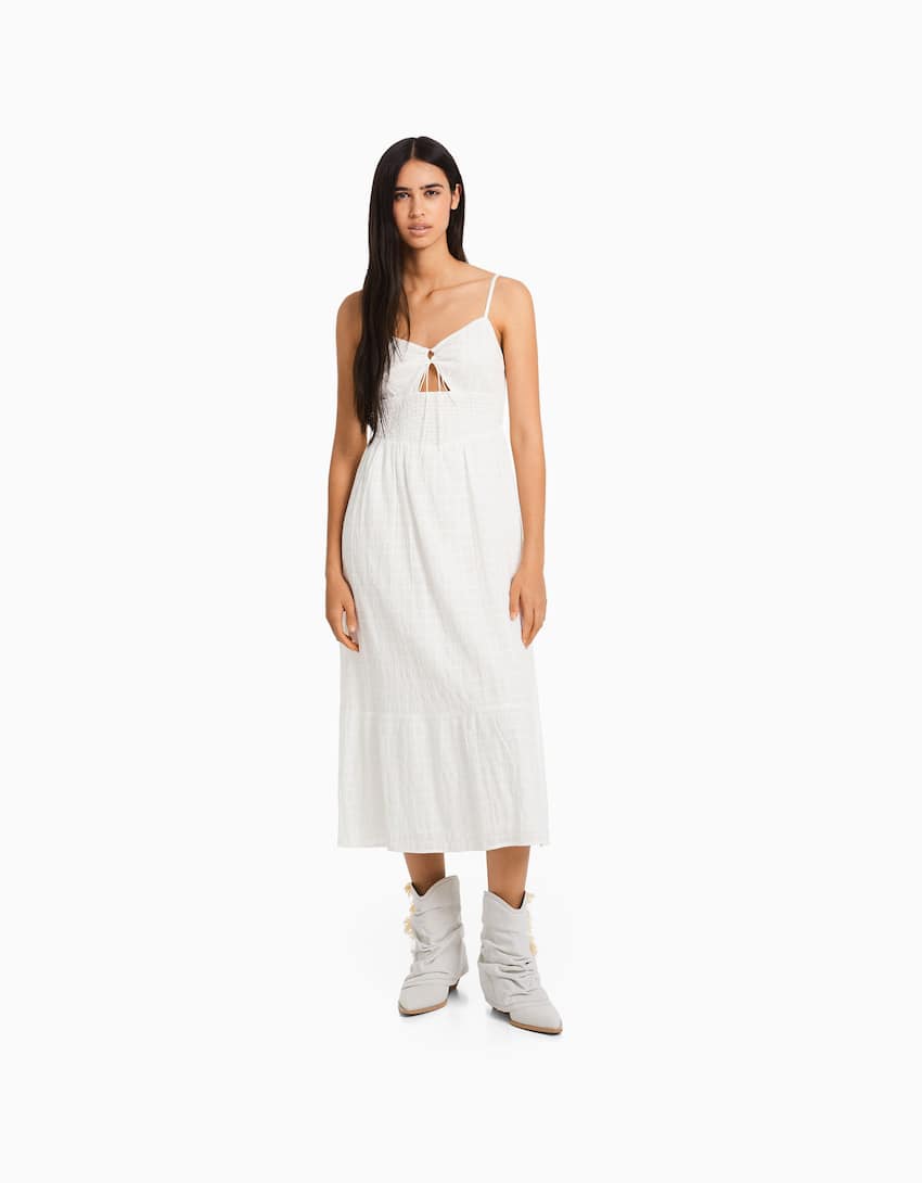 Strappy midi dress with cut-out and ruffles-White-0