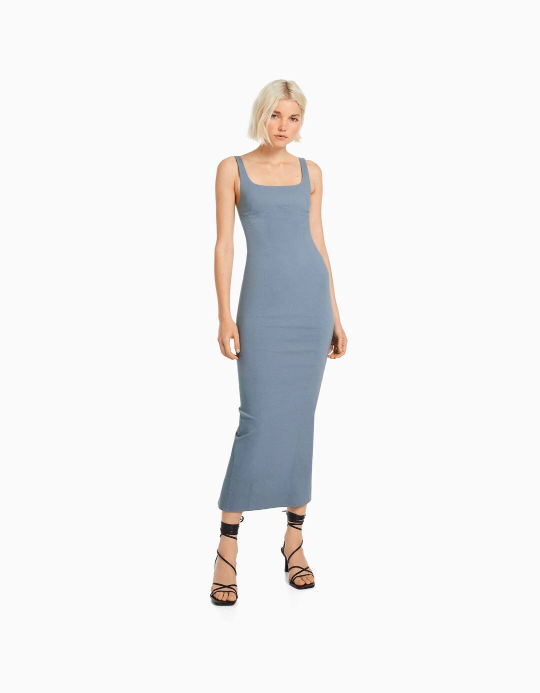 Fitted midi dress with wide straps