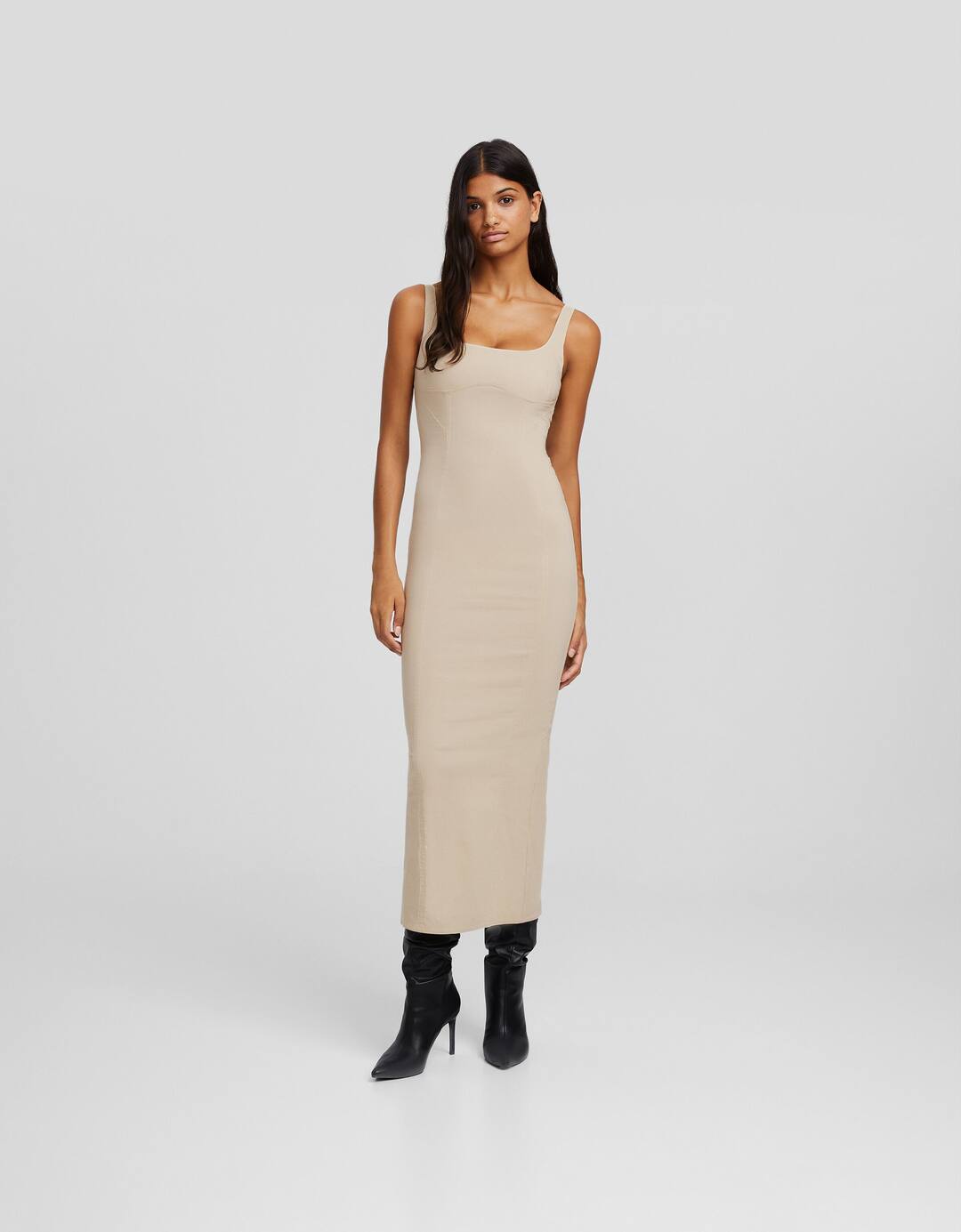 Fitted midi dress with wide straps